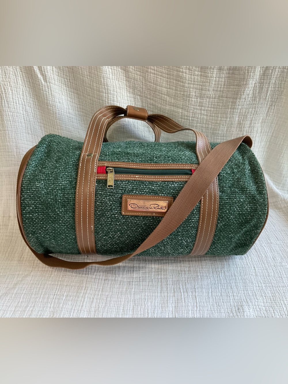 Oscar de la Renta Green Tweed Duffel with Brown Trim Vintage Bag